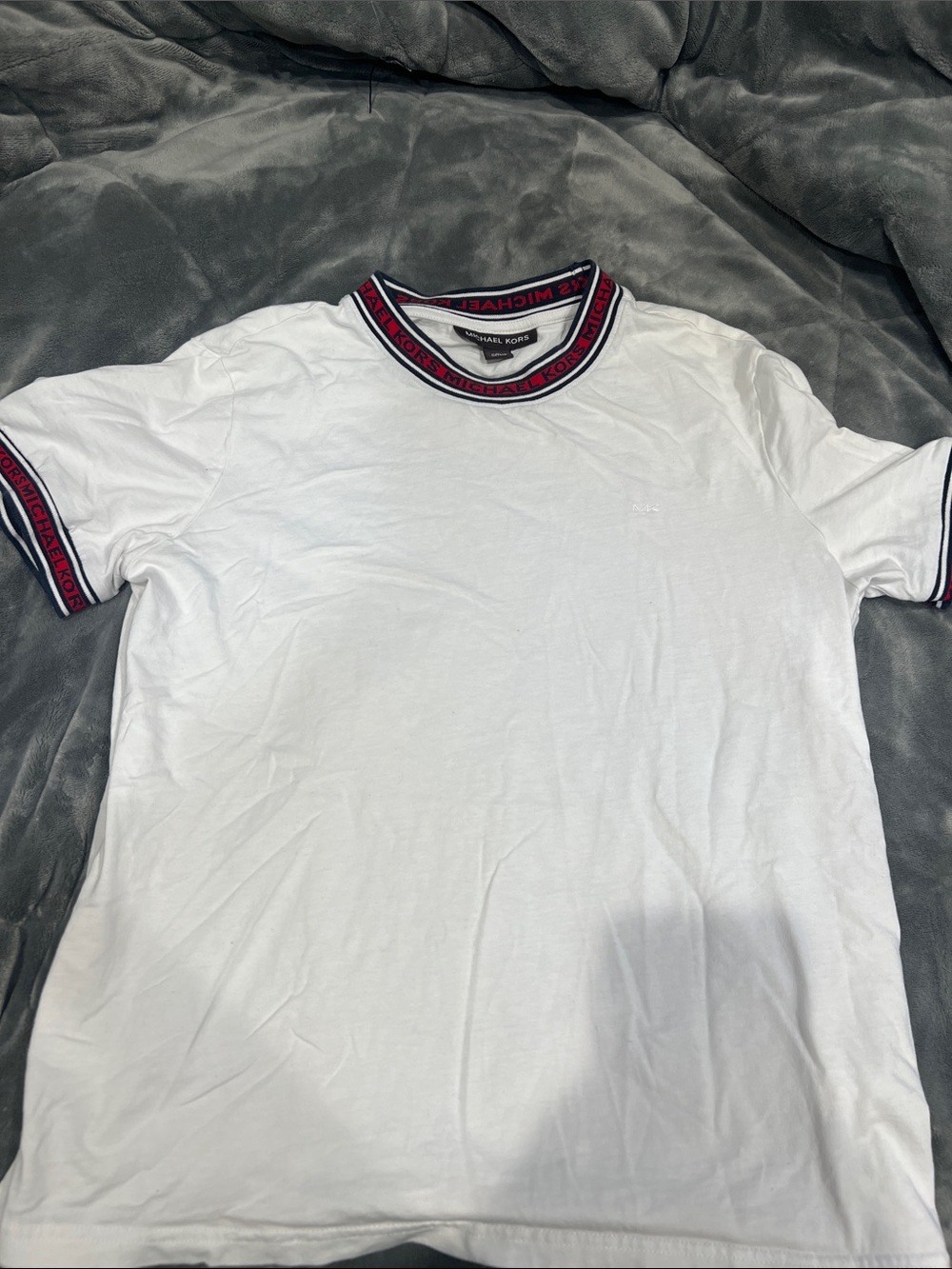 Michael Kors White Short-Sleeve Crewneck Tee with Navy & Red Trim